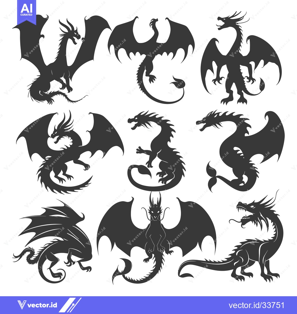 Premium Vector dari Collection of Nine Dragon Silhouettes in Various Poses