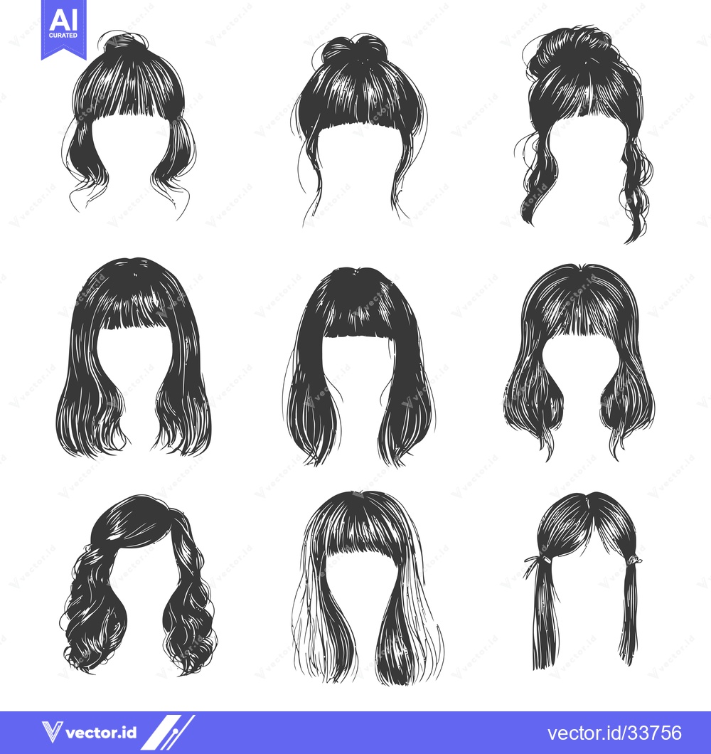 Premium Vector dari Collection of Nine Hand-Drawn Hairstyles for Women