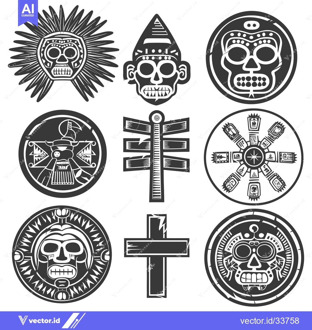Premium Vector dari Collection of Nine Intricately Designed Mayan-Inspired Symbols