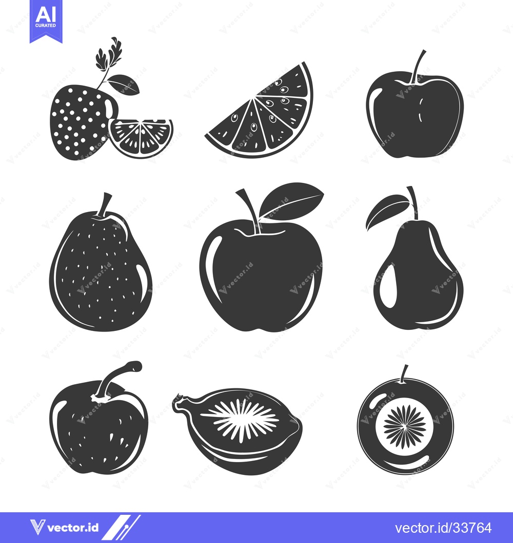 Premium Vector dari Collection of nine monochrome fruit silhouettes on a white background