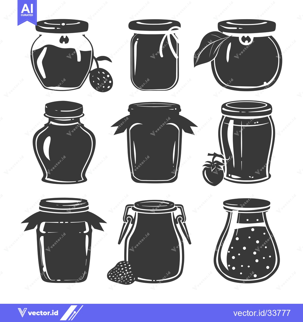 Premium Vector dari Collection of Nine Silhouette Jars with Fruit and Ribbons