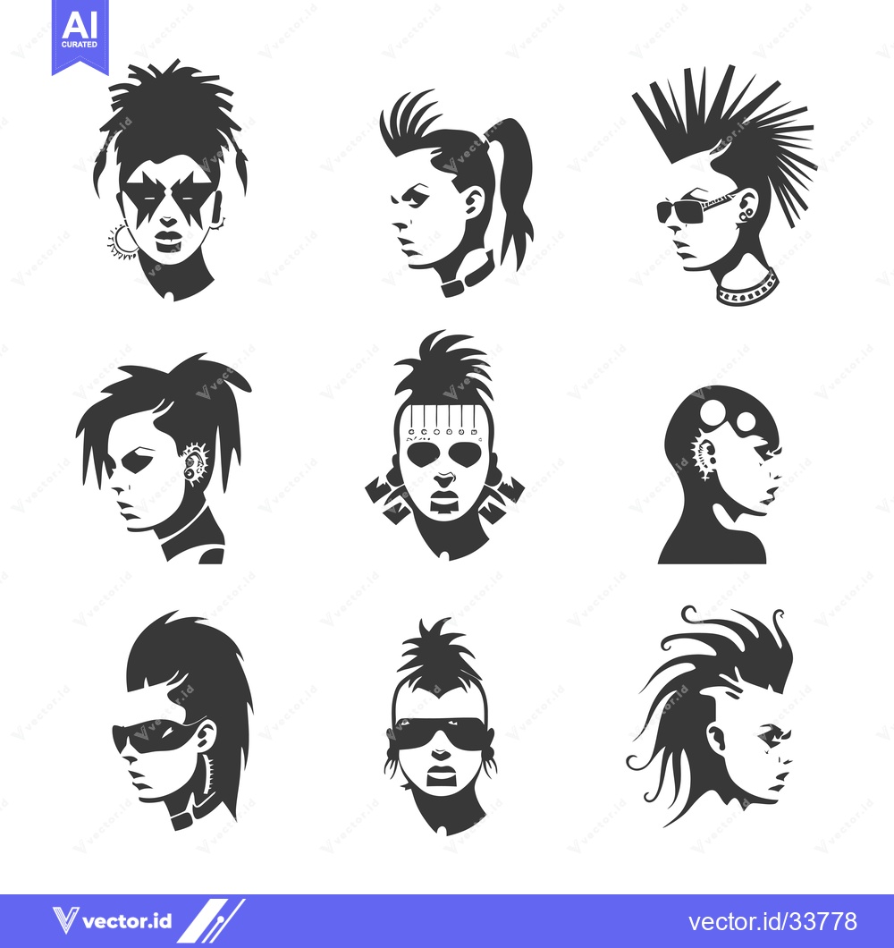 Premium Vector of Collection of Nine Silhouette Portraits of Punk Rock Individuals with