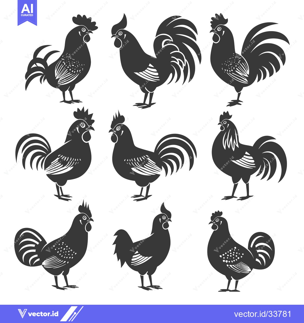 Premium Vector of Collection of Nine Silhouettes of Roosters in Various Poses