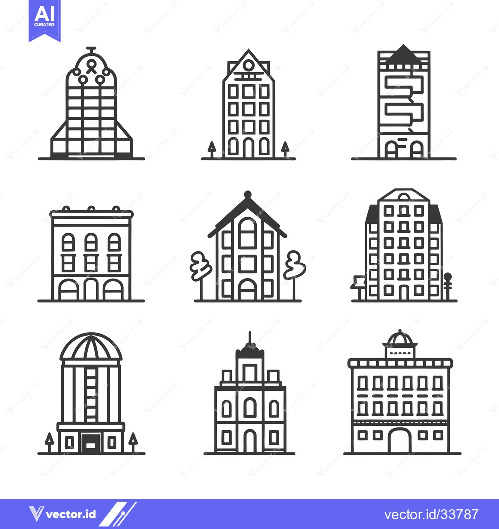 Premium Vector of Collection of Nine Simple Line Drawings of Buildings