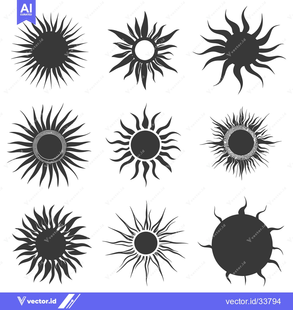 Premium Vector dari Collection of Nine Stylized Sun Icons in Black and White