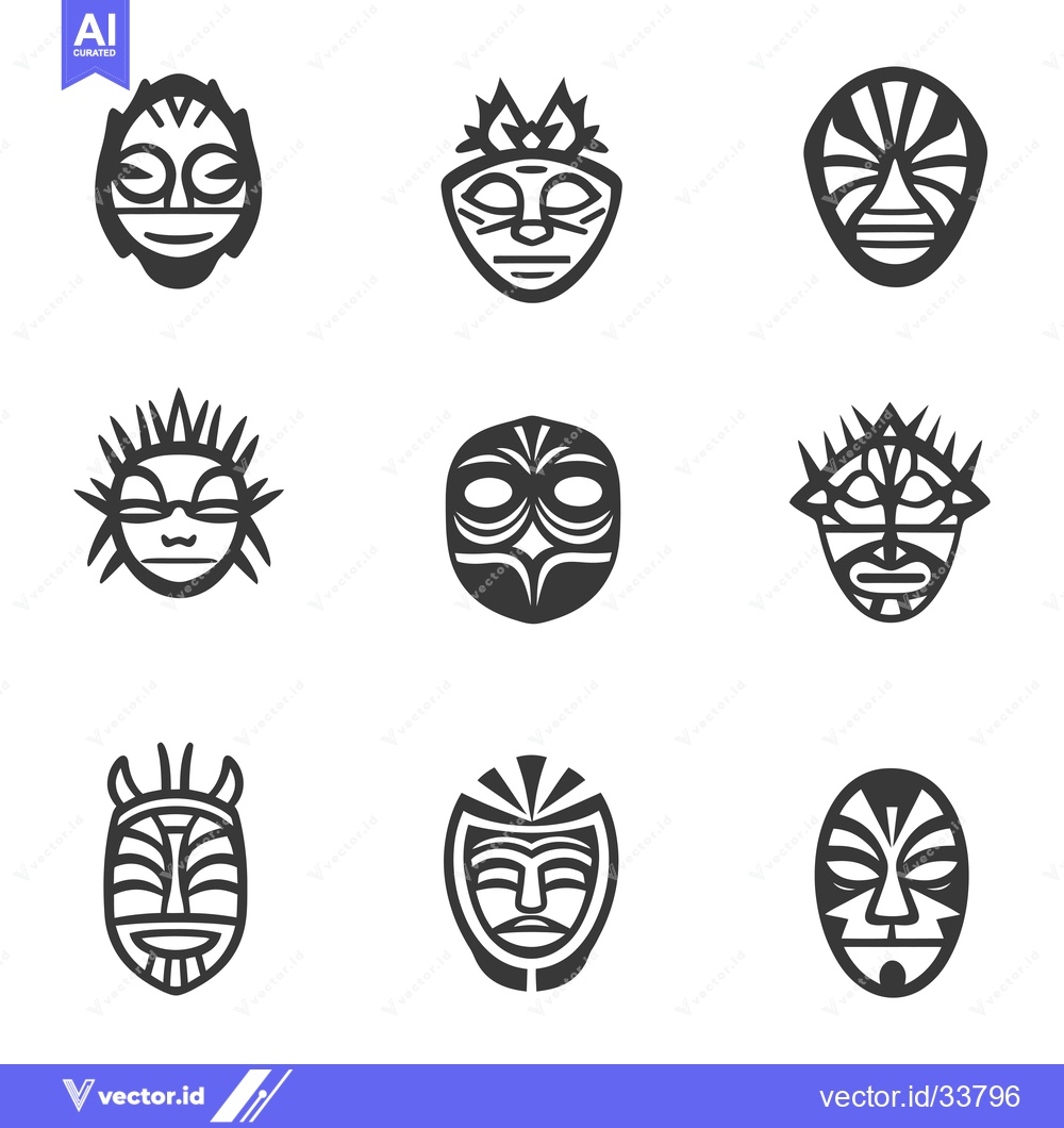Premium Vector of Collection of Nine Tribal Masks with Geometric Patterns