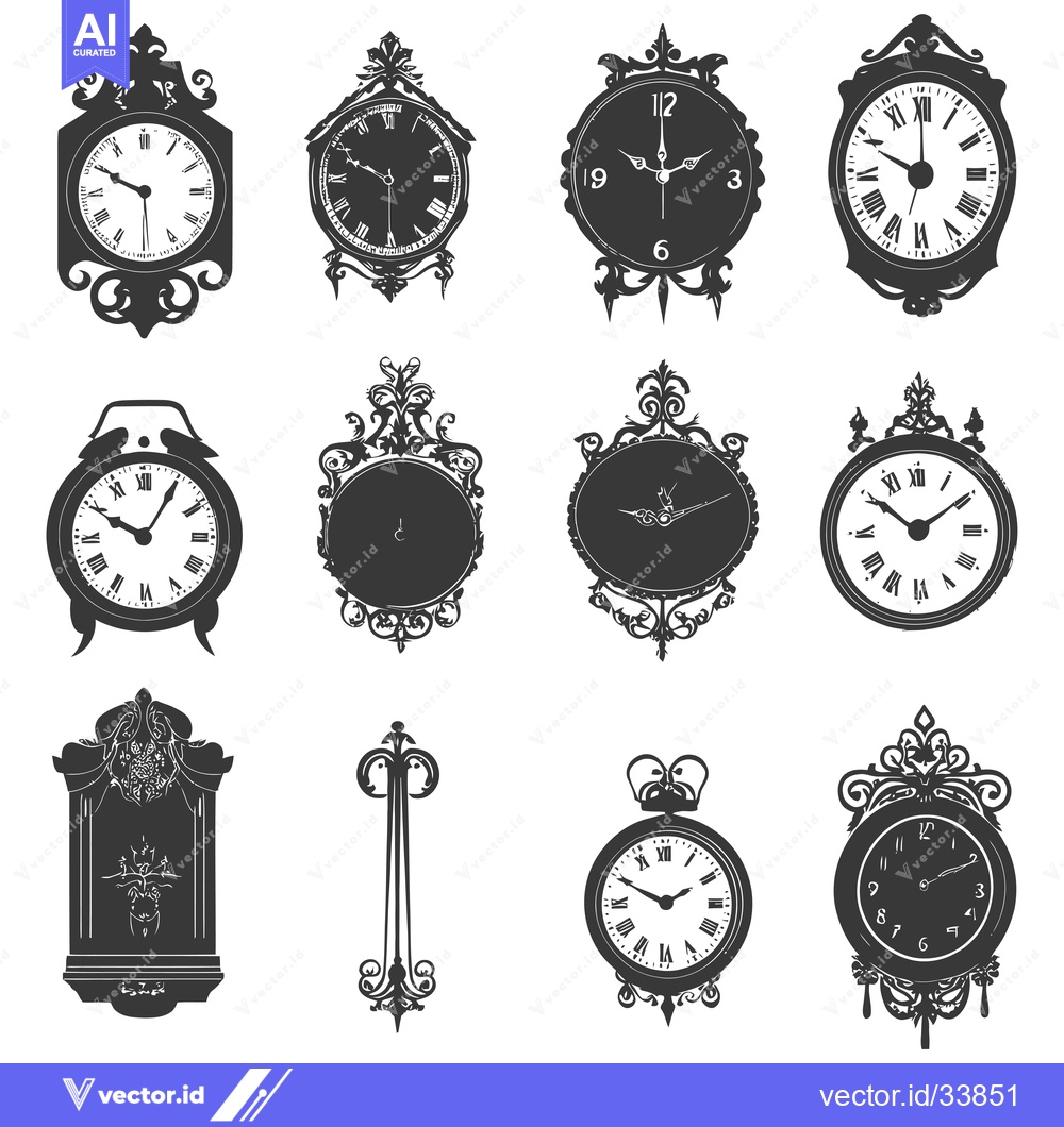Premium Vector dari Collection of Ornate Vintage Clocks in Silhouette