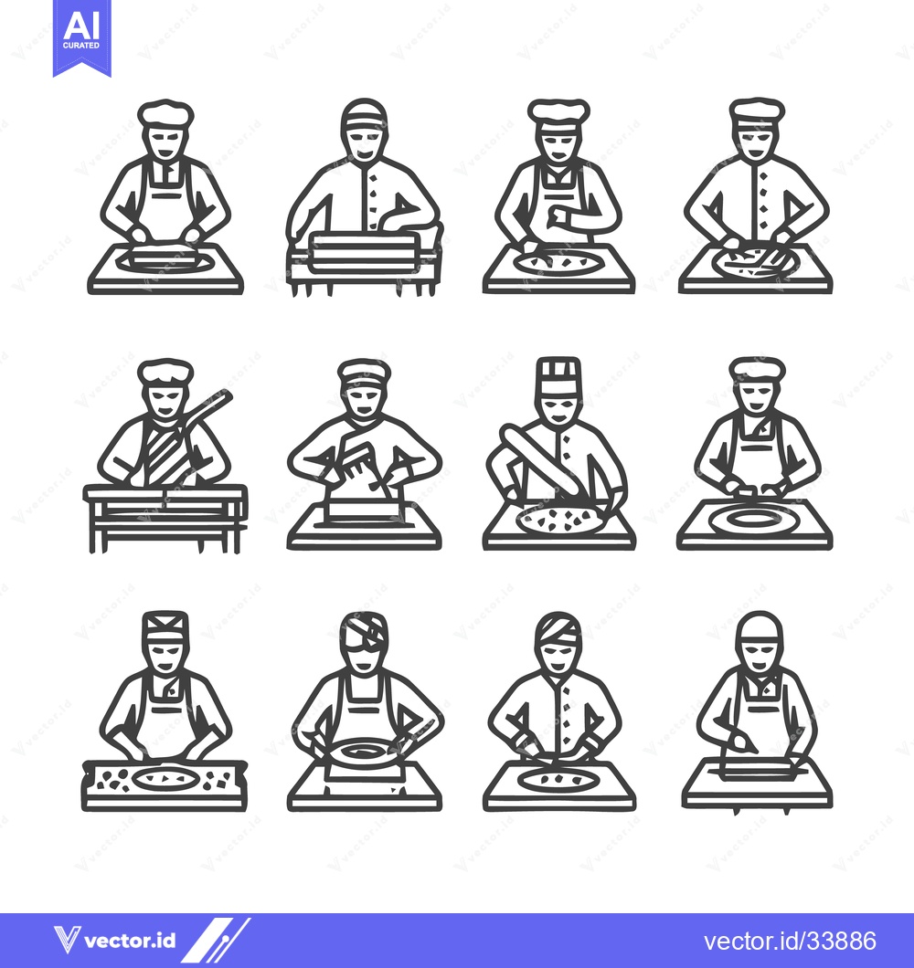 Premium Vector of Chefs in Various Poses Preparing Food on a Table.