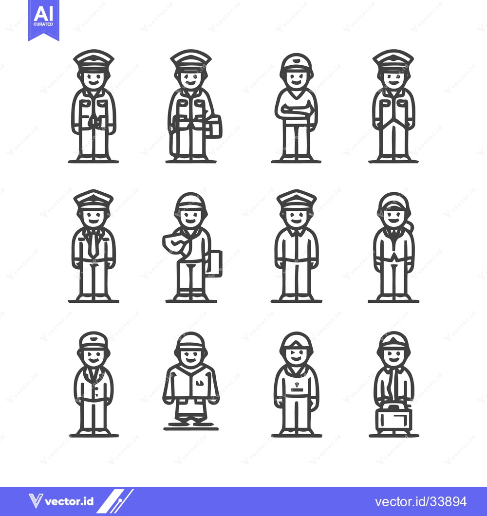 Premium Vector of Collection of various line art people icons in uniform.