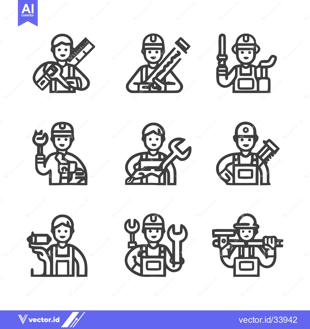 Premium Vector of Construction Workers - A Collection of Line Art Icons for Various Prof
