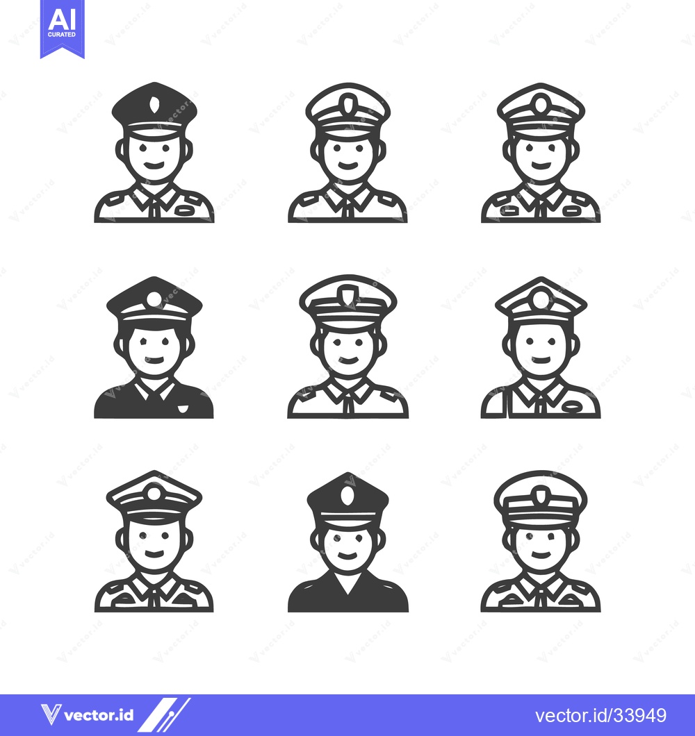 Premium Vector of Police Officer Icons - Diverse Uniforms and Expressions.
