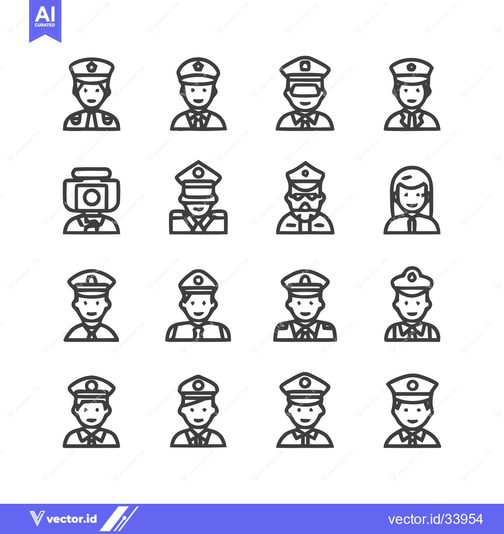 Premium Vector of Police Officer Icons - Diverse Uniforms and Professions Depicted.