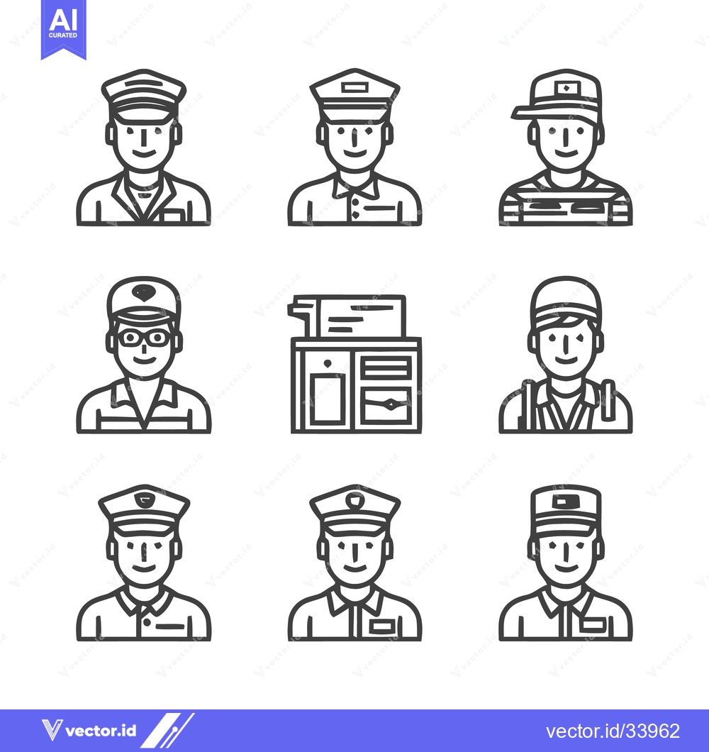 Premium Vector of Collection of various people in uniforms and hats, line art.