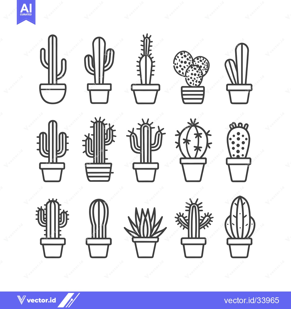Premium Vector of Collection of Potted Cactus and Succulent Plant Line Icons