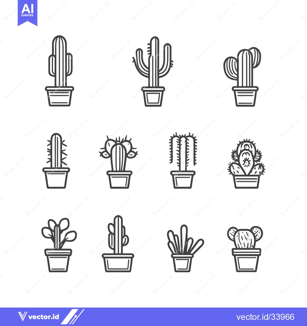 Premium Vector of Collection of Potted Cactus Line Drawings