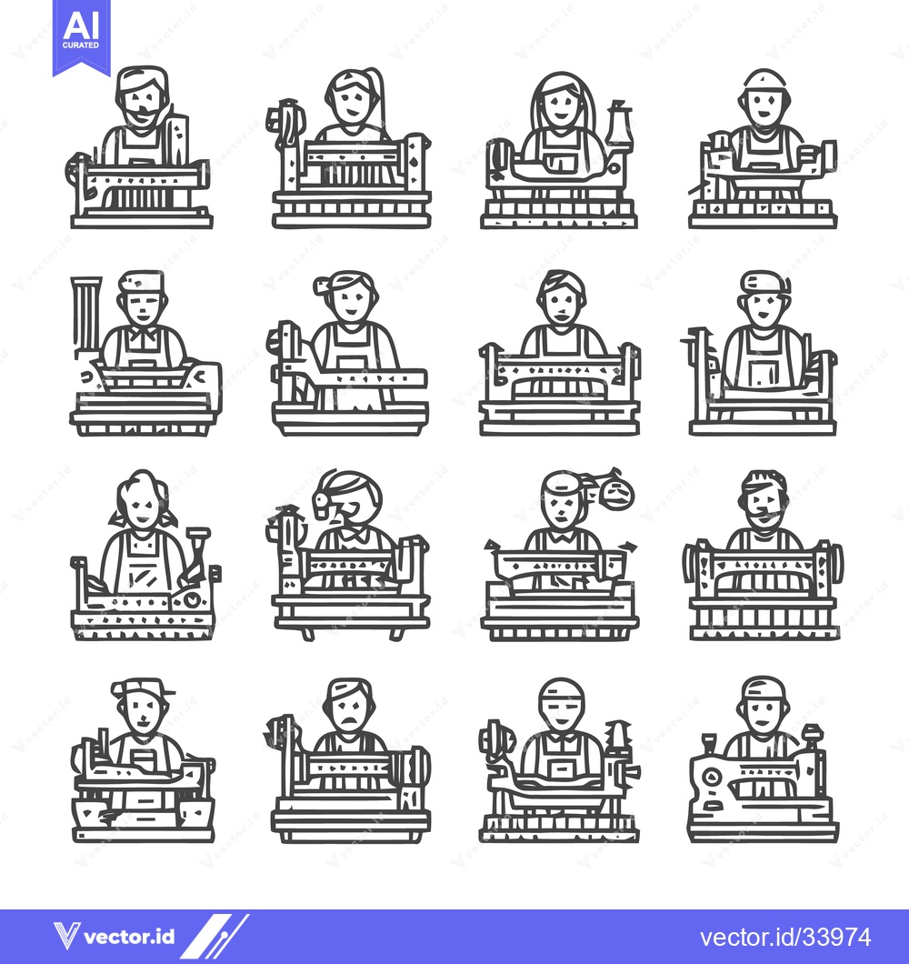 Premium Vector dari People working on textile machines in a factory, line art illustration
