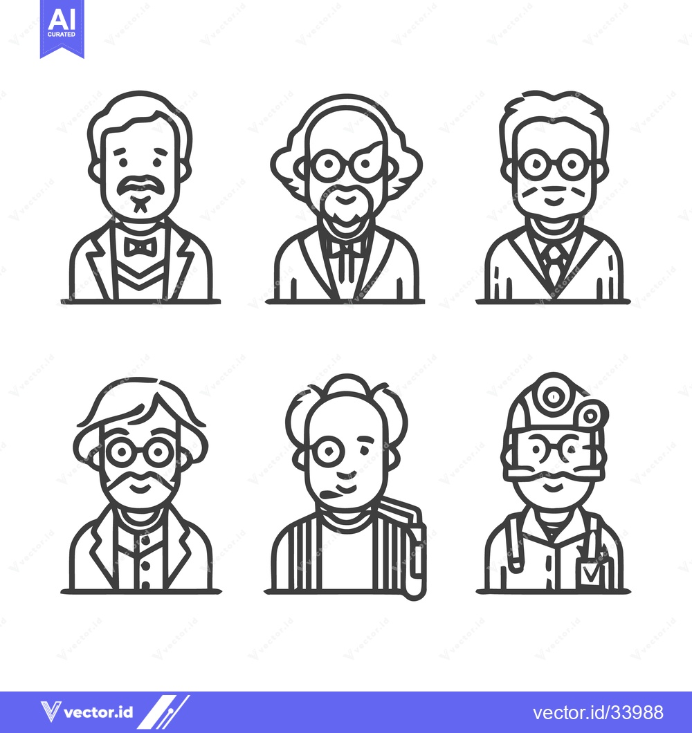 Premium Vector dari Line art portraits of six different men with glasses and various outfi