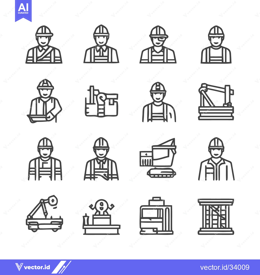 Premium Vector of Construction Workers and Equipment - Line Art Icons Set.