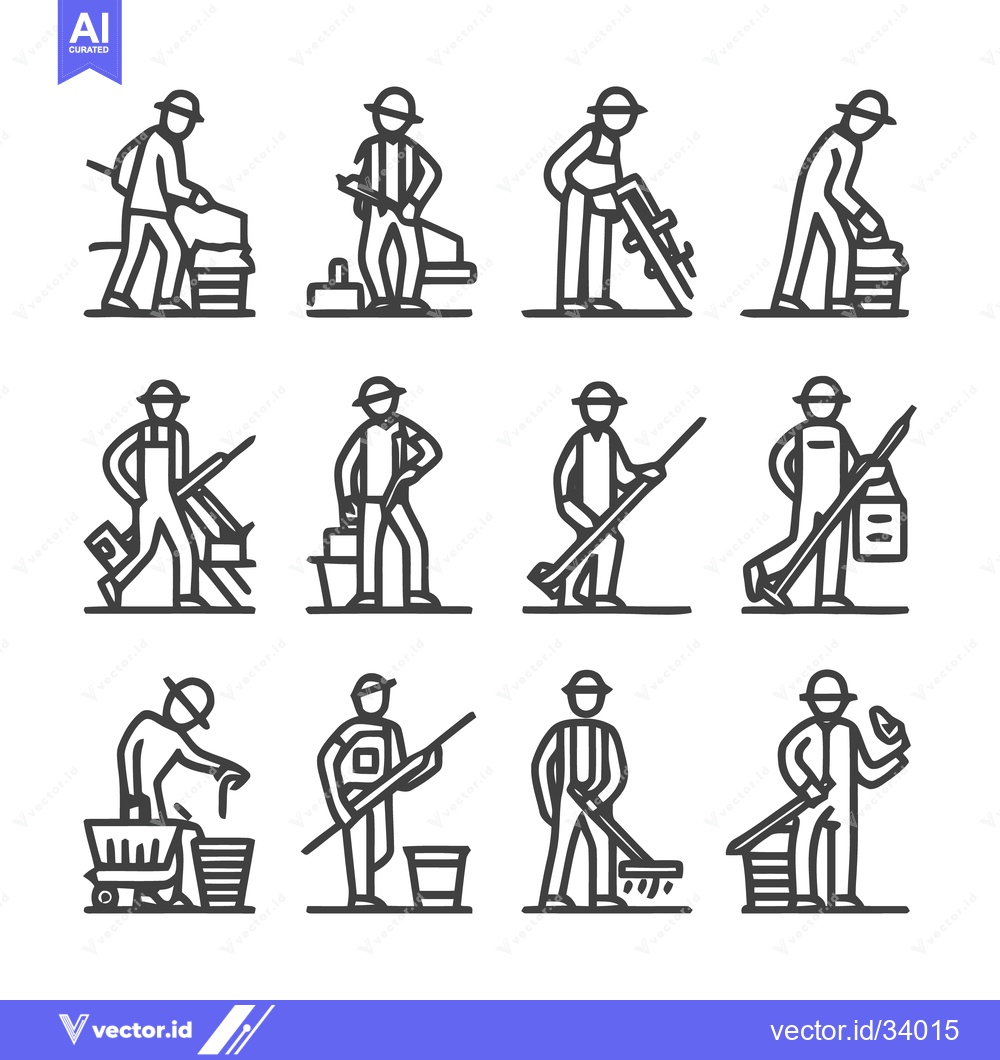 Premium Vector of Construction Workers in Various Poses - A Vector Illustration.