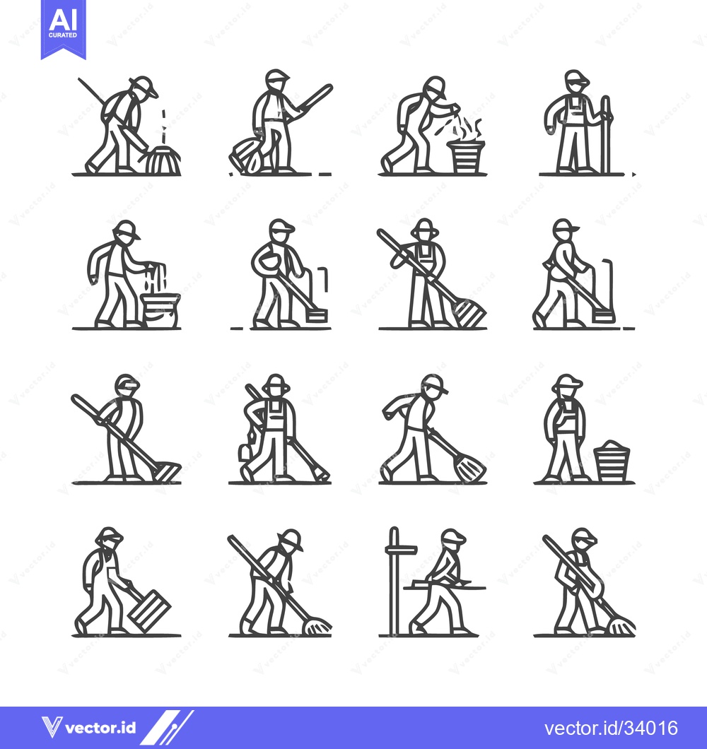 Premium Vector dari Collection of Line Art Illustrations Depicting Janitors Cleaning Vario