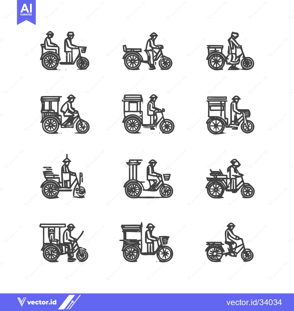 Premium Vector dari Collection of various rickshaw illustrations in black and white.