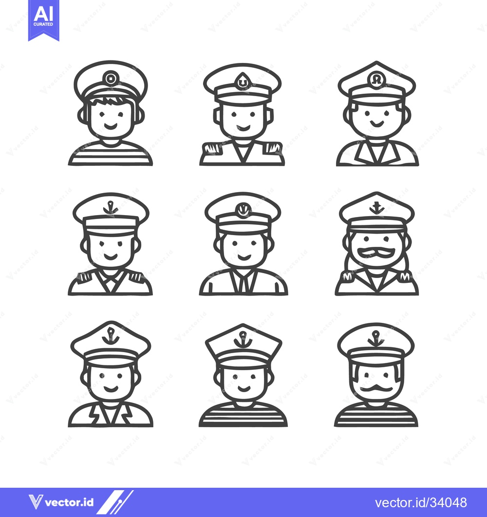 Premium Vector dari Nine sailor portraits in uniform, line art style, vector illustration.