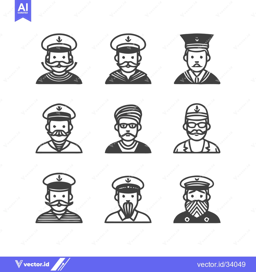 Premium Vector of Nine sailors in uniform, line art, vector illustration, monochrome.