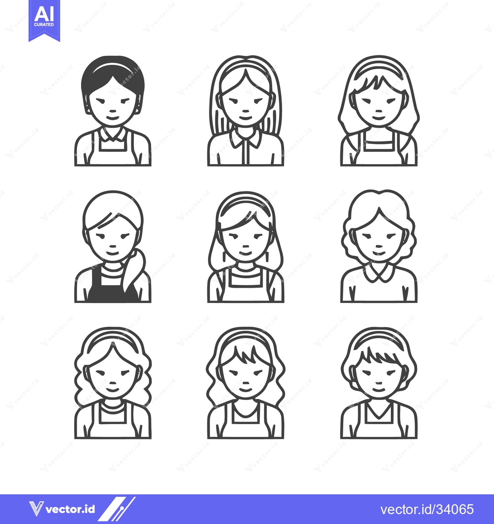 Premium Vector of Nine diverse female avatars in a minimalist line art style.