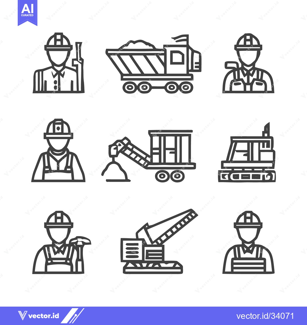 Premium Vector of Construction workers and heavy machinery icons for building projects.