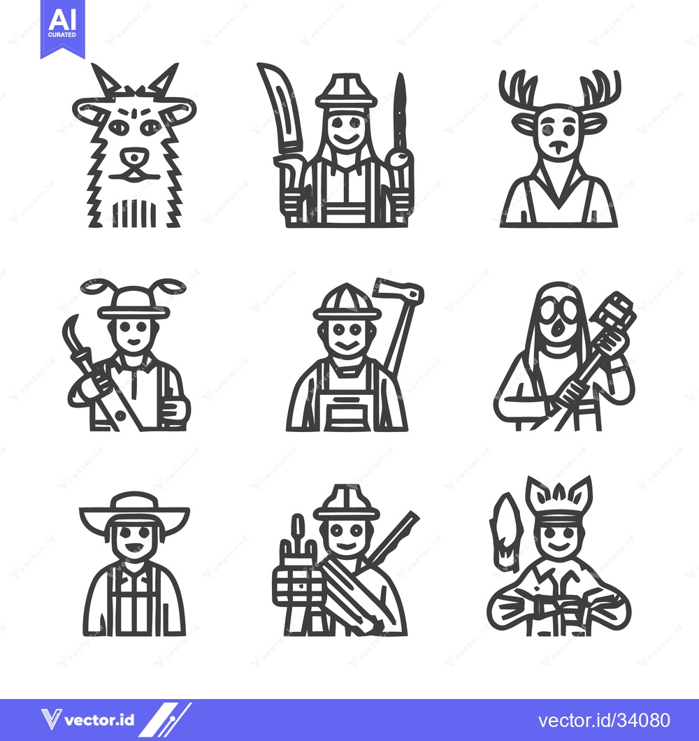 Premium Vector dari Diverse Line Art Illustrations of Various Professions and Animals.