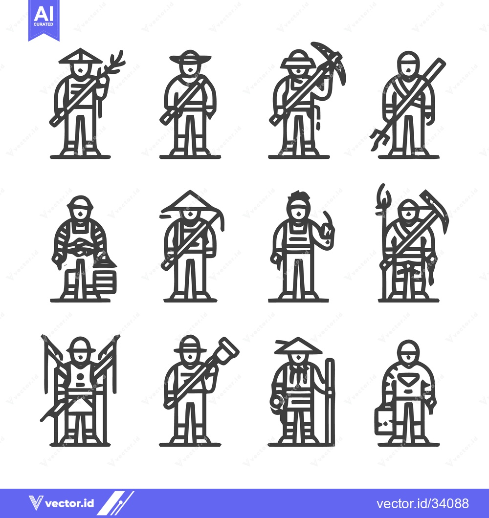 Premium Vector dari Line art illustrations of various workers with tools and equipment.