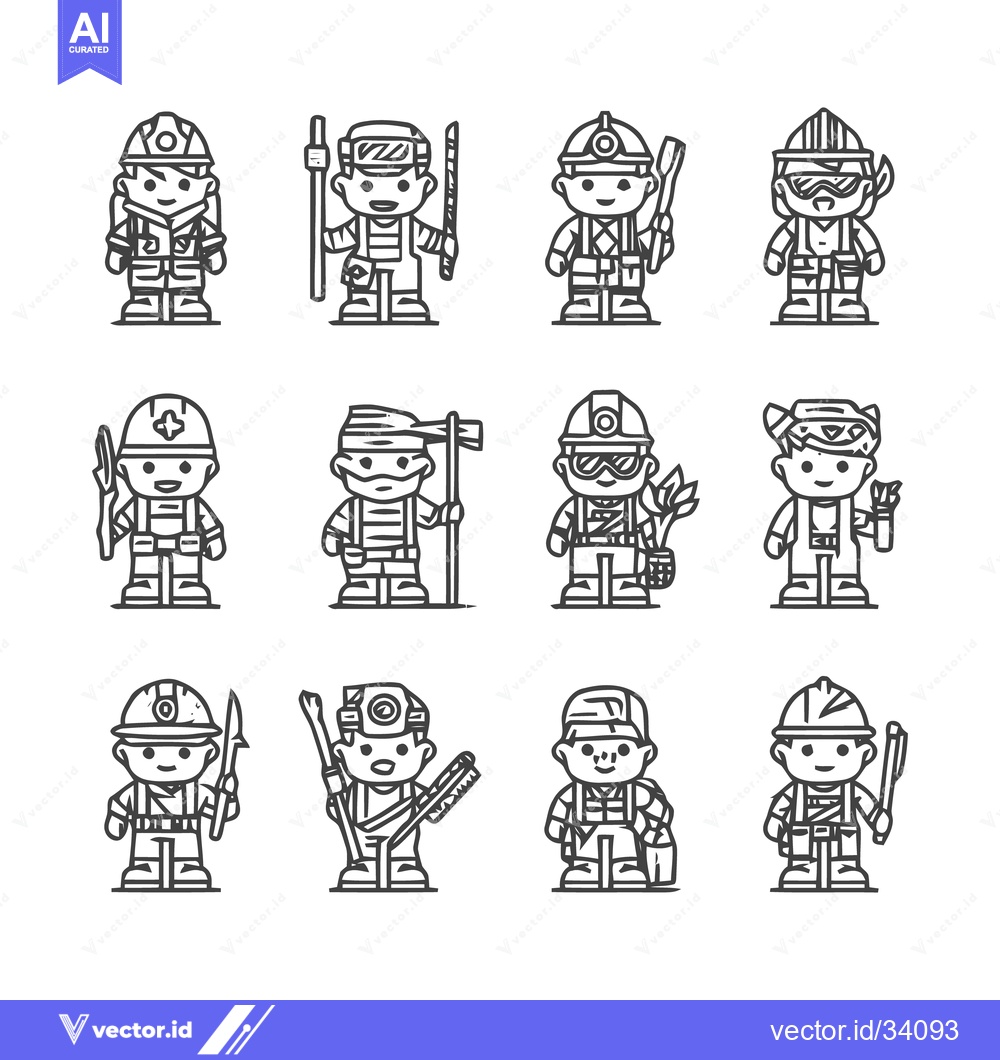Premium Vector of Line Art Illustrations of Various Construction Workers in Different Po