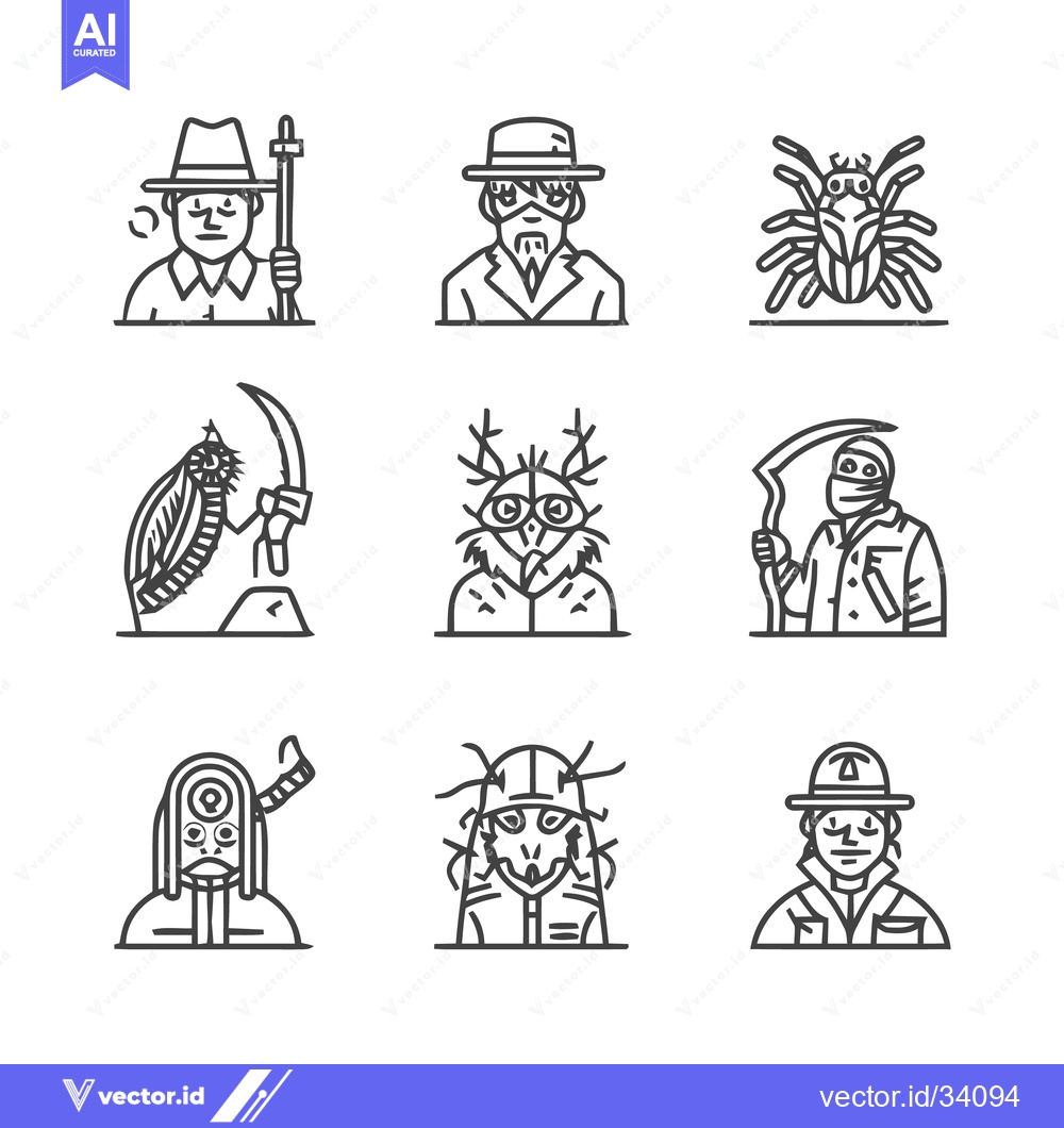Premium Vector dari Line art illustrations of people and insects in hats and masks.