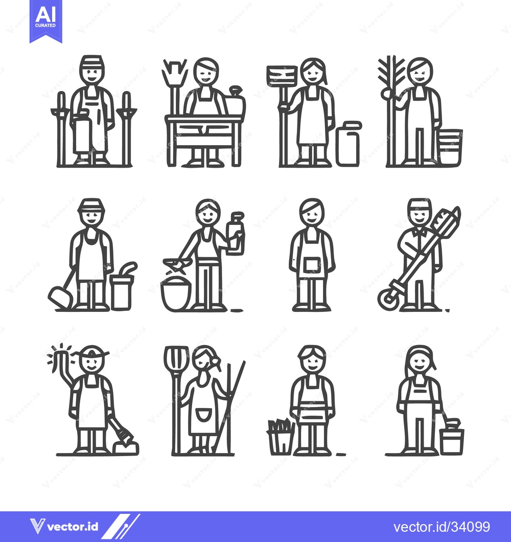 Premium Vector of Cleaning Crew Icons - Diverse Line Art Illustrations.