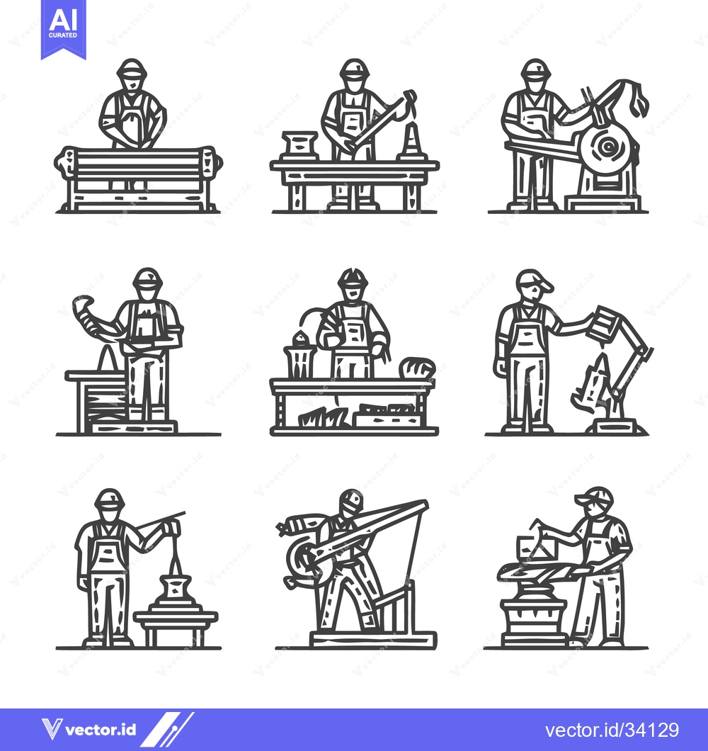 Premium Vector of Artisan Craftsmen at Work - A Detailed Line Art Illustration.