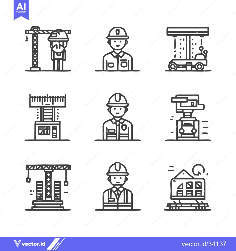 Premium Vector of Construction Workers and Equipment - A Detailed Line Art Set.