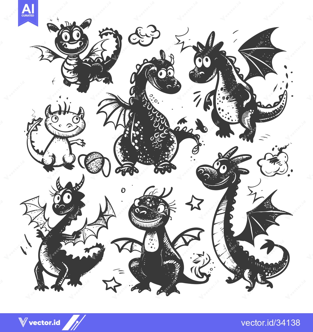 Premium Vector dari Collection of Seven Friendly Cartoon Dragons with Big Eyes