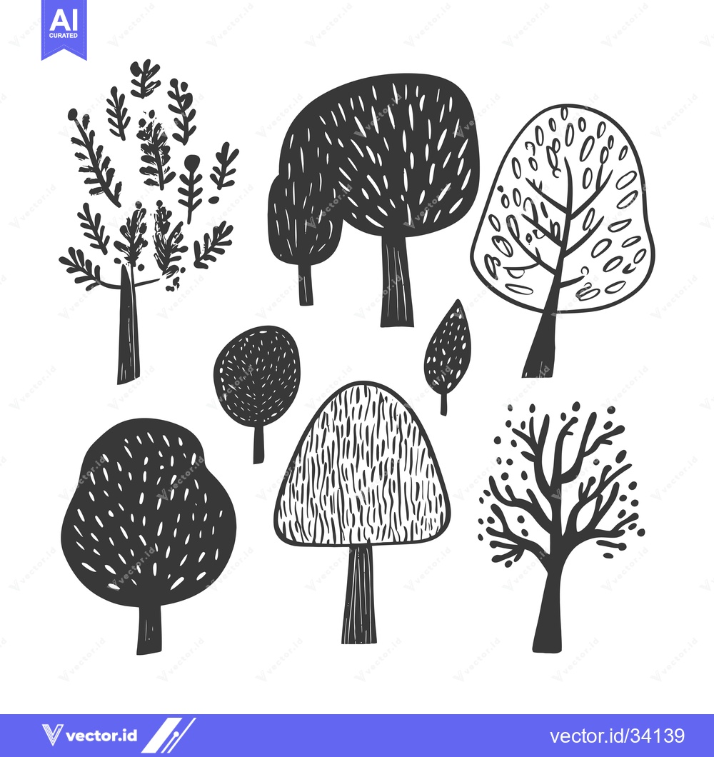 Premium Vector of Collection of Seven Hand-Drawn Black and White Trees