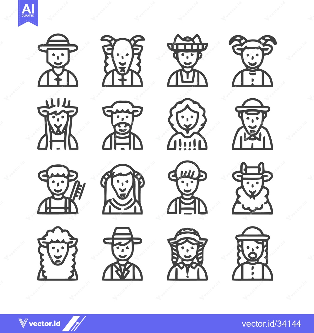 Premium Vector dari Farm Animal and Farmer Icon Set - Line Art Style.