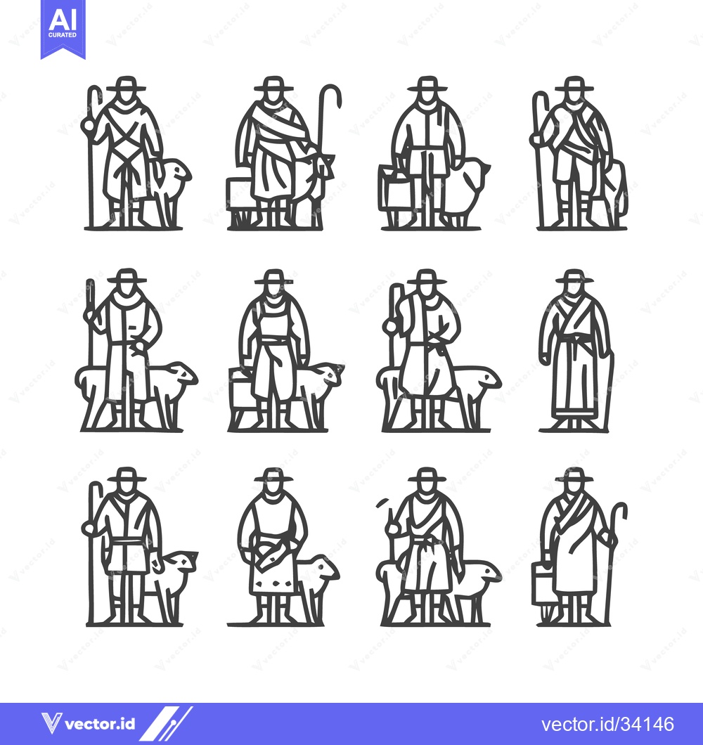 Premium Vector dari Shepherds with Sheep - A Collection of Line Art Illustrations.