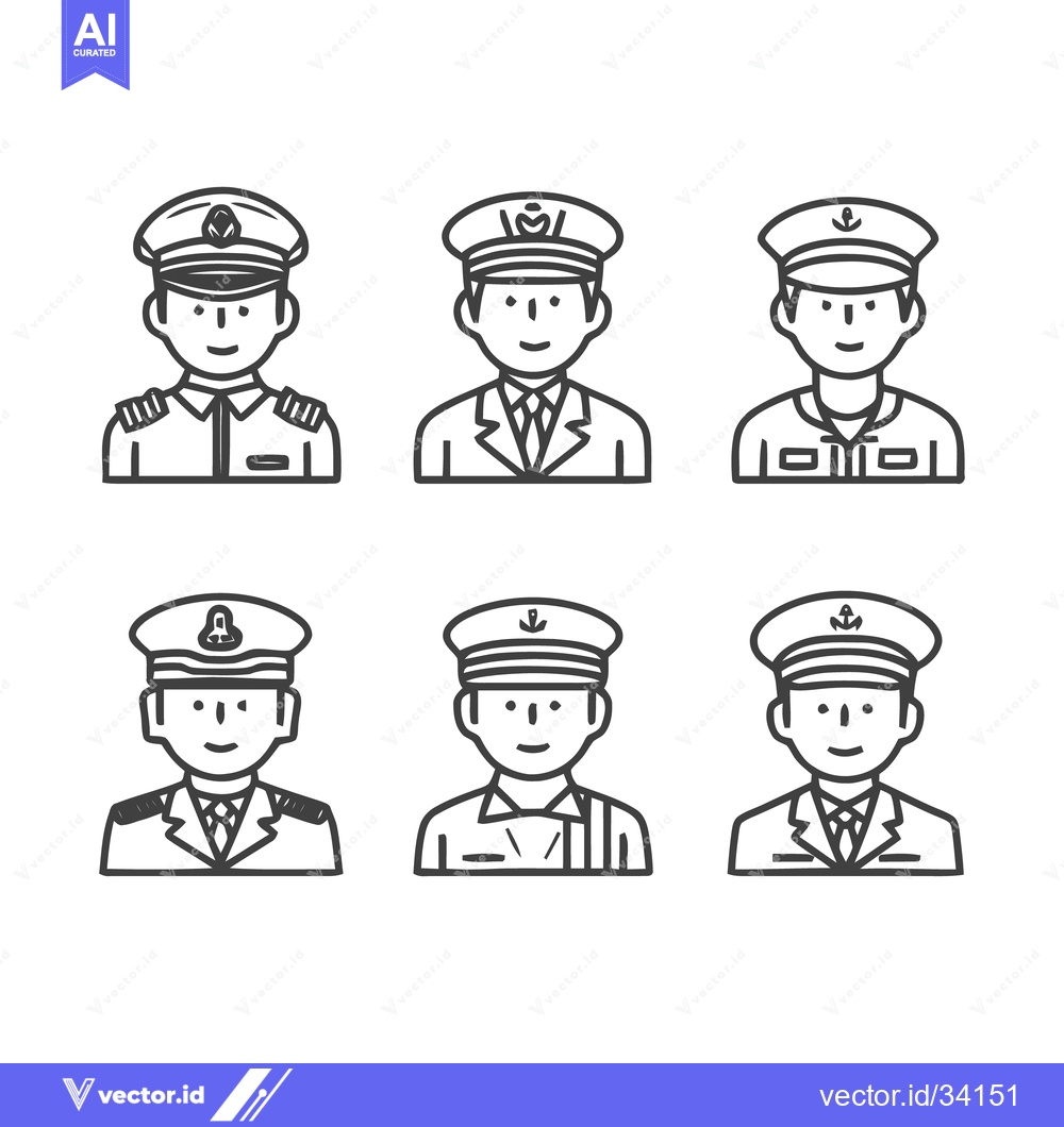 Premium Vector dari Six Military Personnel Portraits in Uniforms - Line Art Illustrations.
