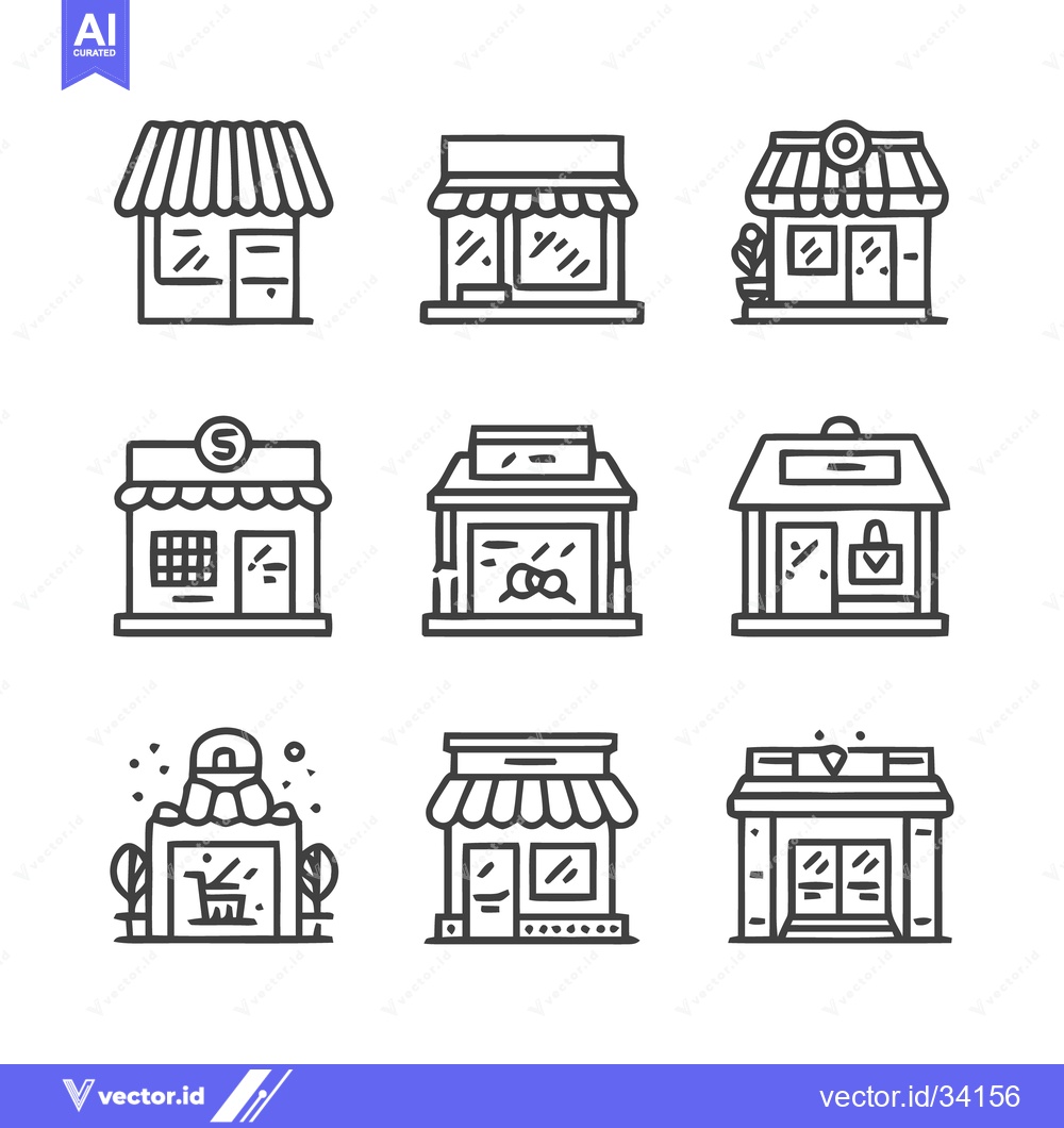 Premium Vector of Collection of various shopfronts and store icons in outline style.