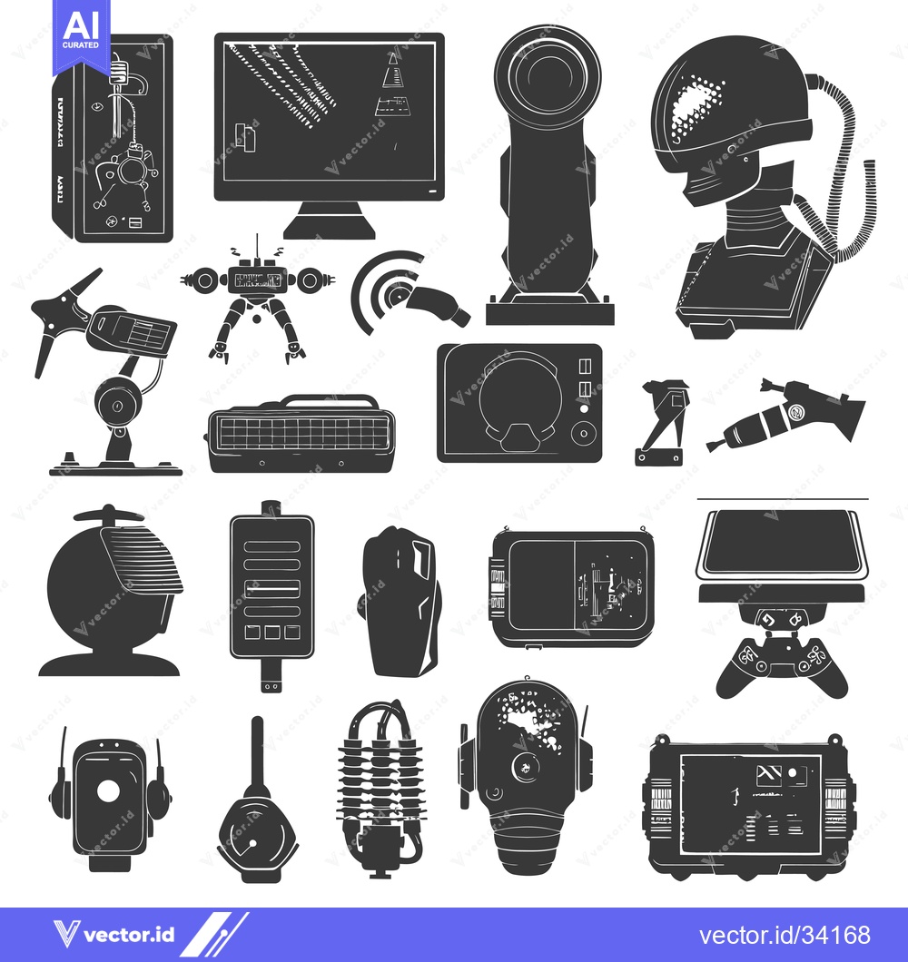 Premium Vector of Collection of Silhouette Icons Depicting Futuristic Devices and Robots