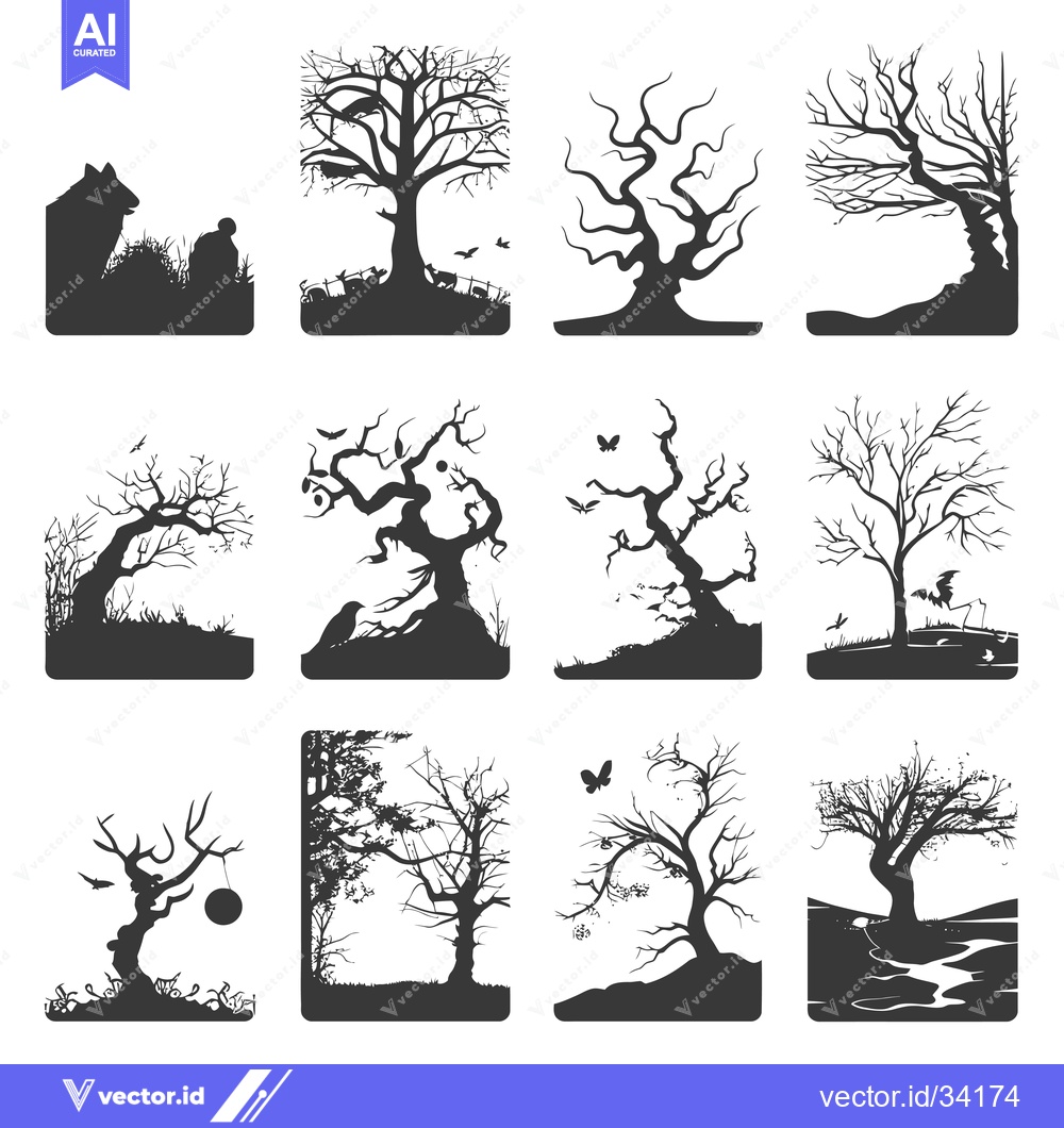 Premium Vector dari Collection of Silhouette Images of Bare Trees with Animals and Butterf
