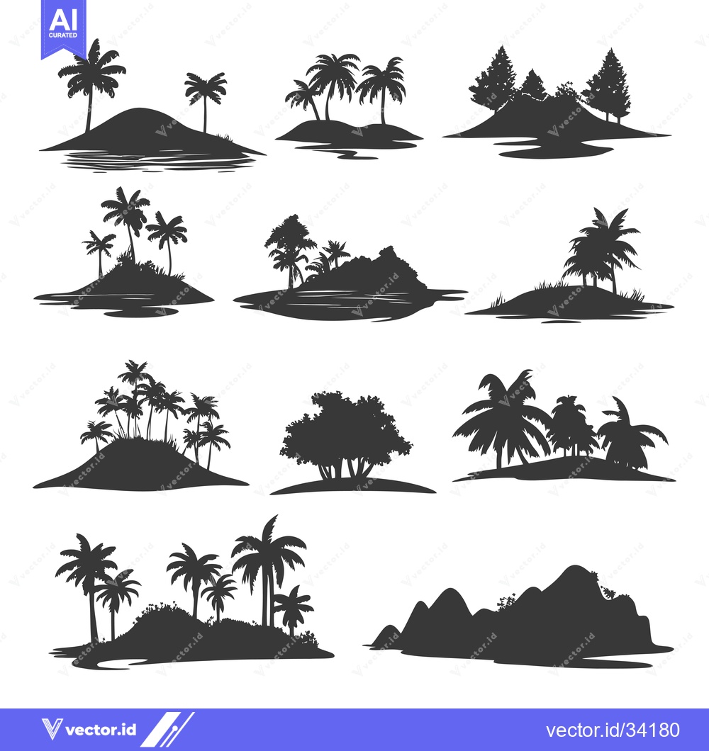 Premium Vector dari Collection of Silhouette Islands with Palm Trees and Other Trees