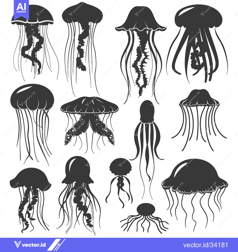 Premium Vector dari Collection of Silhouette Jellyfish with Varying Shapes and Tentacles