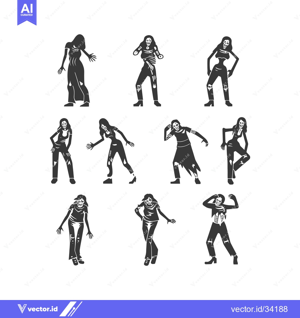 Premium Vector dari Collection of Silhouettes Depicting Female Zombies in Various Poses