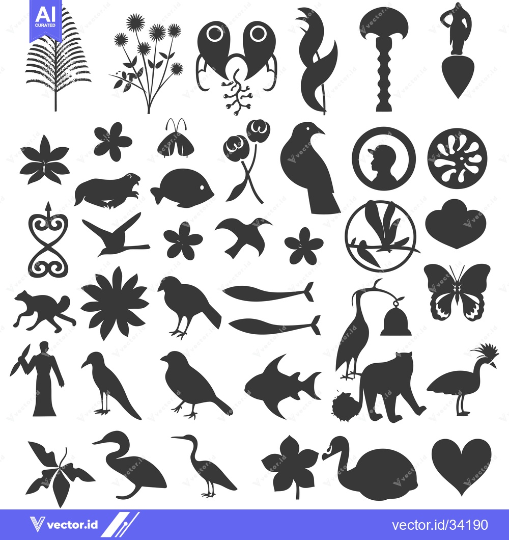Premium Vector dari Collection of Silhouettes Featuring Plants, Birds, and Other Natural E