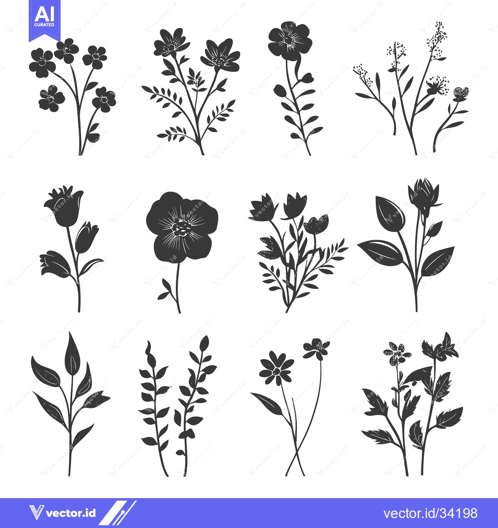 Premium Vector of Collection of Silhouettes of Different Flowers and Foliage