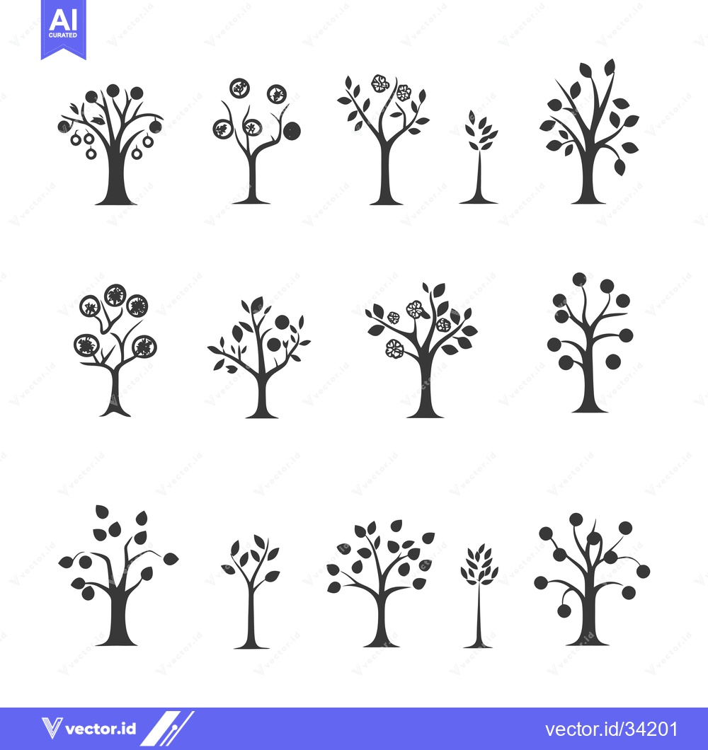 Premium Vector dari Collection of Silhouettes of Fruit Trees with Different Shapes and Siz